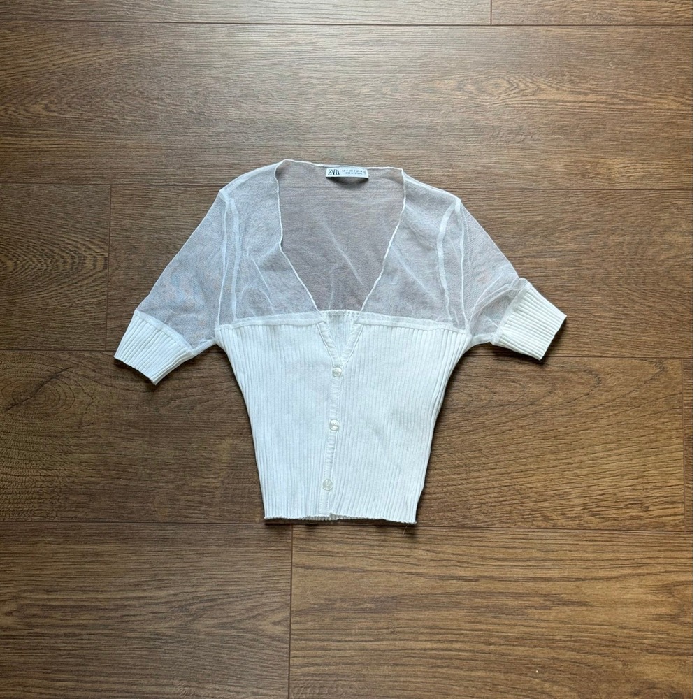 Zara White Ribbed Knit Sheer Mesh V-Neck Short Sleeve Cardigan Style Top Size S